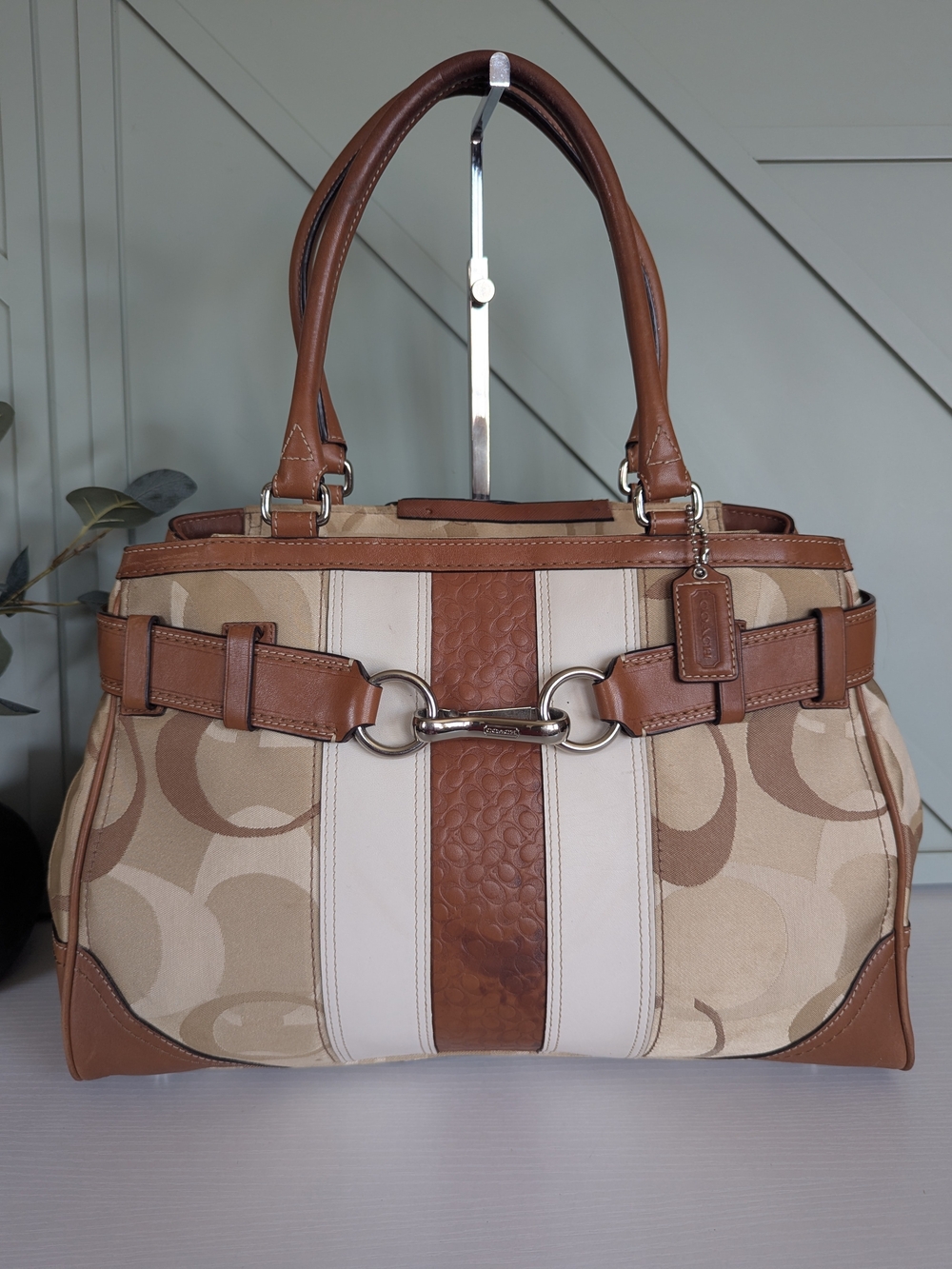 Coach Beige, Cream & Tan Signature Stripe Shoulder Bag with Metal Bit Detail